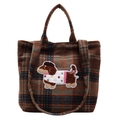 Bolso tote de lana a cuadros marrones con bordado de perro salchicha y correa ajustable - Cuadros Marrones
