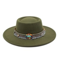Détail du chapeau en feutre olive avec bande ethnique perlée et breloques en pièces - M (56-58cm) / Vert Militaire