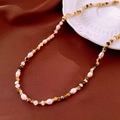 Beaded necklace with pearls and brown tiger eye stones on brown silk background - 44# Necklace - Gold White Vintage Stone