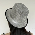 Silver sequin top hat with satin ribbon shown on model for party or performance wear - L(Circumference 58cm-Height 13cm) / Dark Silver-Silver Ribbon