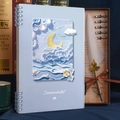 Dromerige 3D-reliëfnotitieboekset met blauwe maan en vintage ganzenveer pennenset - A5 [Horizontale Lijn] 1 Boek/60 Vellen / Lichtblauw