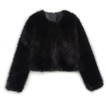 Close-up of the fluffy texture and high-gloss black faux fur on a short jacket coat - XS / Black