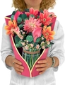 3D pop-up greeting card featuring a vibrant pink and orange floral bouquet in a vase - Dahlia A