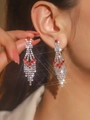 Luxurious long tassel drop earrings with sparkling red and white rhinestones in silver - Silver Base Red Core Patchwork Tassel