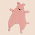 Detail of pink cotton muslin baby security blanket featuring a cute bear embroidery - Dusty Pink Embroidery