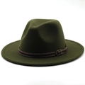Close-up of olive green wool fedora with brown leather band and metal buckle detail - M (56-58cm) / Army Green