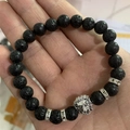 Natural matte lava rock beaded bracelet with silver lion head and rhinestone spacers - Lion Head (Reinforced Stones) / Lava Stone / Silver