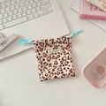 Floral drawstring organizer bag with heart leopard print and light blue cord closure - 14cm*16cm / Corduroy Leopard Heart Beige