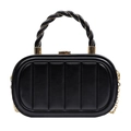Elegant black oval clutch bag with vertical quilted texture and gold chain strap - Black