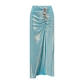 Detail van een lichtblauwe metallic maxi-rok met rimpeling en 3D-bloemdecoraties - Eén maat / Bottoms / Blauw