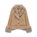 Giacca da donna in finta pelle scamosciata marrone con colletto in pelliccia sintetica - XS / Cachi