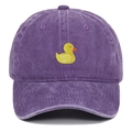 Close-up of yellow duck embroidery on a purple washed cotton vintage baseball cap - Purple