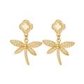 Gouden libelle hangoorbellen met klaverblad, parelmoer en sprankelende kristallen - Klaver Libel Hanger Stijl (CX-E996)