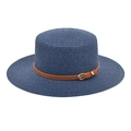 Navy blue straw sun hat with brown leather belt and gold buckle for summer beach travel - M (56-58cm) / Navy Blue