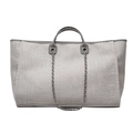 Large grey woven tote bag with faux leather trim and silver metal chain detail - Large / Gray