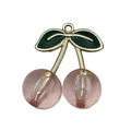 Pink resin cherry pendant charm with golden metal leaves for DIY jewelry making - Transparent Pink 3D Cherry 27x23mm