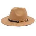 Detail of felt fedora hat featuring black leather band and gold metal chain decoration - M (56-58cm) / Camel