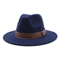 Detail of navy blue felt fedora hat featuring a brown leather band and flat wide brim - M (56-58cm) / Navy Blue
