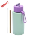 Mint green 1L stainless steel insulated water bottle with purple lid and metal straw - 1 L / Pop-up Straw Lid / Purple + Light Green