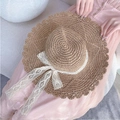 Women's khaki crochet straw hat with white lace bow and elegant wavy brim - M / Hexagram-Khaki