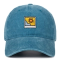 Macro detail of sun and cloud embroidery on navy washed denim baseball cap - Lake Blue