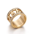 Golden titanium steel ring with hollow figures and double row of sparkling crystals - US 6 / Gold Hand-in-Hand Figure Hollow (KR44192-K) / Gold