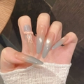 Roze en grijze gradiënt amandel plaknagels met 3D-strikje en spiegelende afwerking - XS / 801-Slanke Stiletto