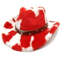 Detail of red and white cow print cowboy hat with studded leather band and bull head metal ornament - M (56-58cm) / Heart Top / Red