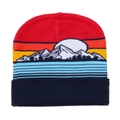 Colorful knitted beanie with sunset mountain landscape jacquard and navy ribbed cuff - Red with Snowy Mountain Pattern (E)