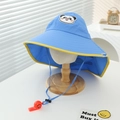 Detail of blue sun hat with panda patch, adjustable cord and red whistle pendant - 52-54cm (3-8 Years) / Blue