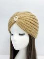 Camel knitted turban hat with sparkling rhinestone brooch for women on a white model head - Rhinestone Style / Camel