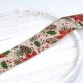 Linen Christmas ribbon with red poinsettia and Merry Christmas golden typography - Poinsettia Pine Cone
