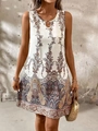 Bohemian printed sleeveless dress with metal ring collar and paisley patterns - S / Purple