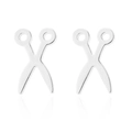 Detailed view of silver scissor-shaped stud earrings with polished mirror reflection - 079 Scissors / Steel