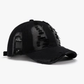 Berretto da baseball in denim nero invecchiato con fori strappati e stile vintage - Regolabile / Nero (24A190B)
