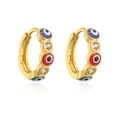 Detail of gold hoop earrings featuring colorful evil eye charms and cubic zirconia stones - Gold with Multi-color
