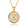 Golden Evil Eye pendant necklace with multicolor cubic zirconia and blue enamel detail - D694-Colorful Hollow Disc