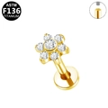 Golden G23 titanium flower labret stud with white zircons and internal threading - Gold Seven Star Flower (G23LAI211-G)