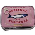 Pink sardine tin shaped makeup pouch with silver trim and metal zipper ring detail - Pink