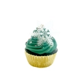 White snowflake acrylic cupcake topper with gold foil liner and green frosting - Transparent White Snowflake