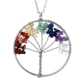 Close-up of tree of life pendant featuring colorful natural crystal stone chips and silver wire - Rainbow/Chakra