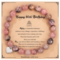 Bracelet en perles roses et noires avec cœur argenté sur carte de 80ème anniversaire - Bracelet en Pierre Rhodonite + Carte Joyeux 80ème