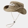Outdoor khaki sun hat with mountain embroidery and adjustable chin strap for hiking - M (56-58cm) / Khaki