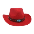 Chapeau de cowboy en paille rouge avec bande en cuir et pierre turquoise - Rouge