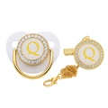 Detailed view of luxury gold baby pacifier with rhinestone letter Q and matching clip - Letter Q