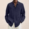 Men's casual long sleeve cotton linen shirt in deep navy blue with button-up detail - S / Navy Blue