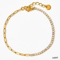 Minimalist gold stainless steel anklet featuring half chain and half zircon stones - White Zircon Gold (A407)