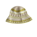 Handgefertigter Häkel-Fischerhut mit gestreiftem Farblock-Muster in Creme und Grün - Kontrast Beige Grün Weiß / M (56-58cm)