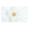 Detail showing white soft nylon baby headband with a large ribbed fabric floral accent - White