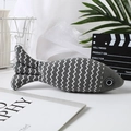 Fish shaped catnip toy with grey and white wave pattern fabric and durable stitching - Gray